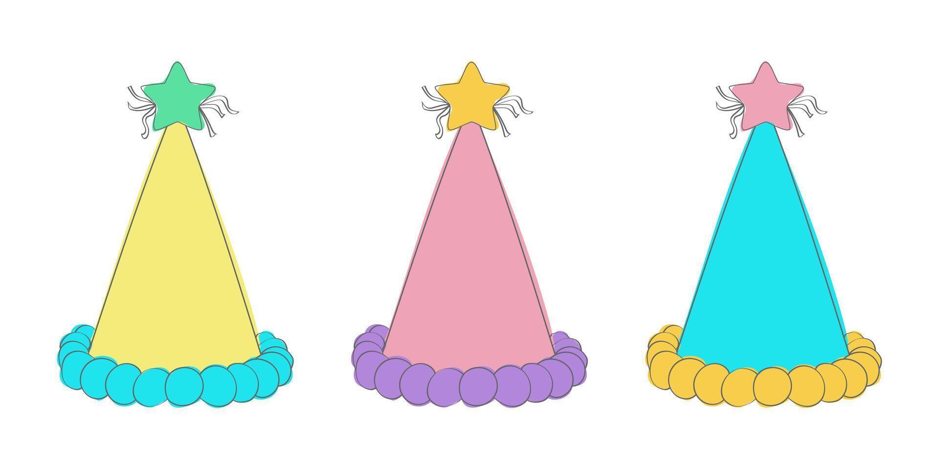 Trois coloré fête Chapeaux avec en forme d'étoile hauts de forme. le Chapeaux sont prêt pour une de fête fête et sont décoré avec vibrant couleurs vecteur