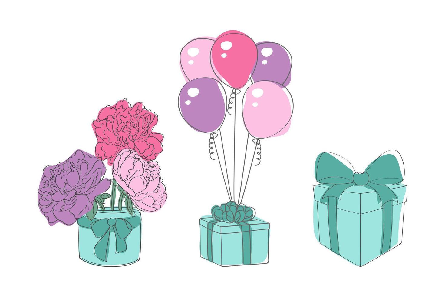 une bouquet de coloré fleurs et des ballons arrangé dans une vase avec une cadeau boîte. le fleurs sont dans plein floraison, complété par le vibrant des ballons ajouter une de fête toucher à le arrangement vecteur