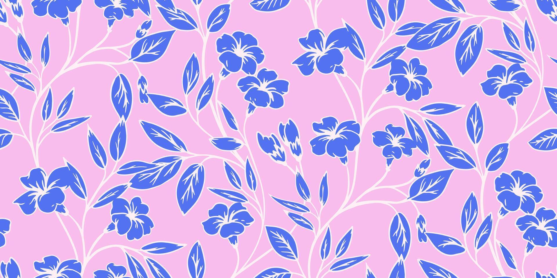 Créatif silhouettes bleu floral tiges sans couture modèle sur une rose Contexte. main dessiné. abstrait artistique Facile idiot fleurs branches avec feuilles impression. modèle pour conception, textile, vecteur