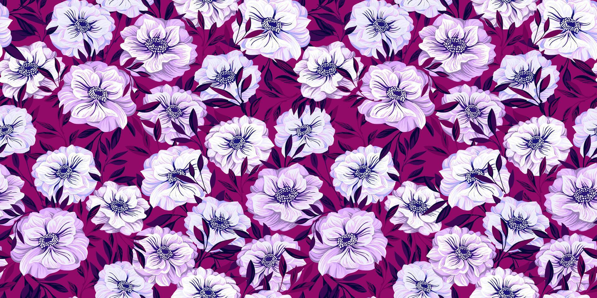 fleuri épanouissement artistique abstrait fleurs et feuilles. violet floral sur une Bourgogne Contexte. tiré illustration stylisé Trollius, renoncule asiatique. conception pour modèle vecteur