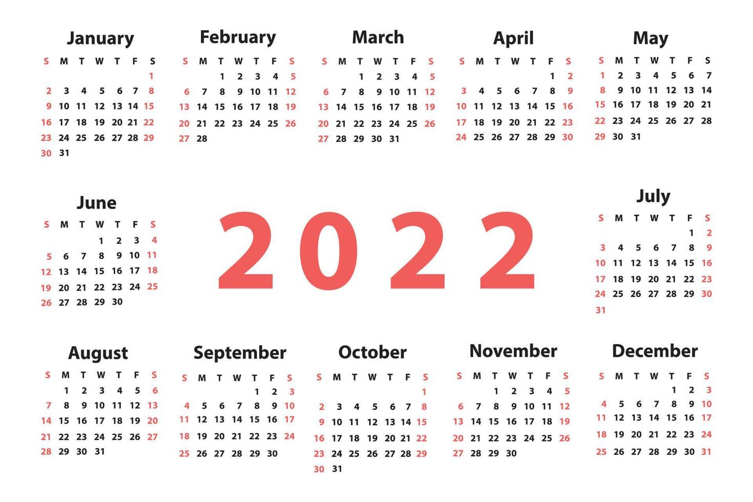 calendrier 2022 à partir de dimanche. illustration vectorielle vecteur