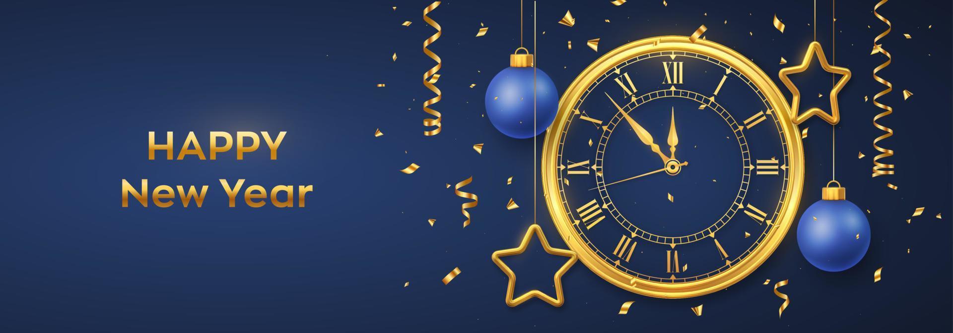 bonne année 2022. montre dorée brillante avec chiffre romain et compte à rebours minuit, veille du nouvel an. fond avec des étoiles et des boules d'or brillant. joyeux Noël. vacances de Noël. illustration vectorielle. vecteur