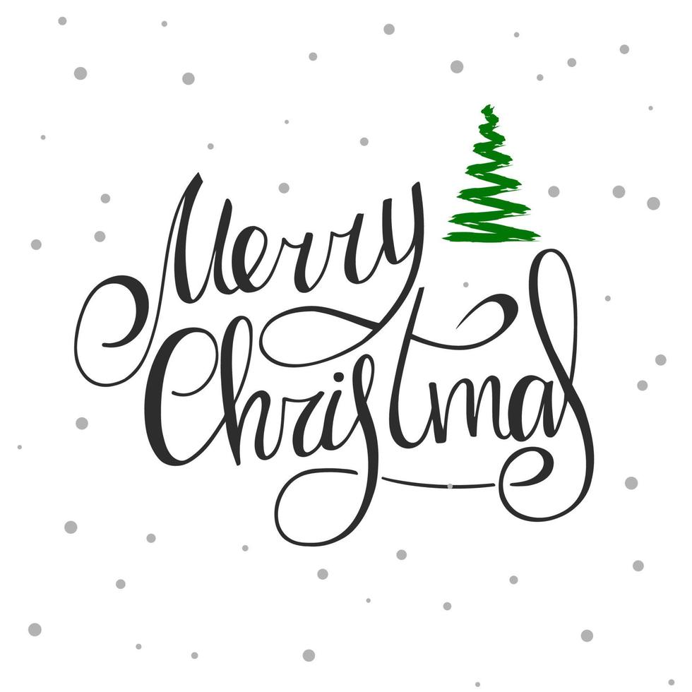 joyeux Noël. lettrage manuscrit noir avec un arbre de Noël vert et des flocons de neige sur fond blanc. nouvel an 2022. vecteur
