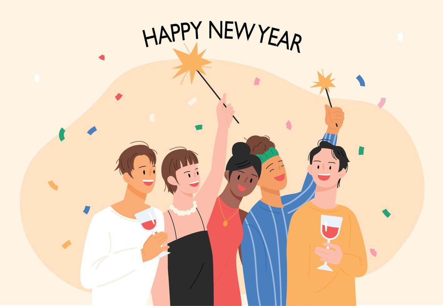 les amis célèbrent la nouvelle année. carte de nouvel an. vecteur