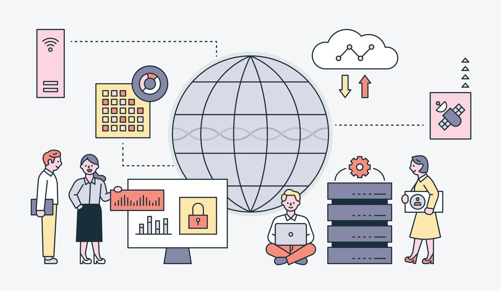 des personnages commerciaux analysent des informations numériques dans un immense globe. vecteur