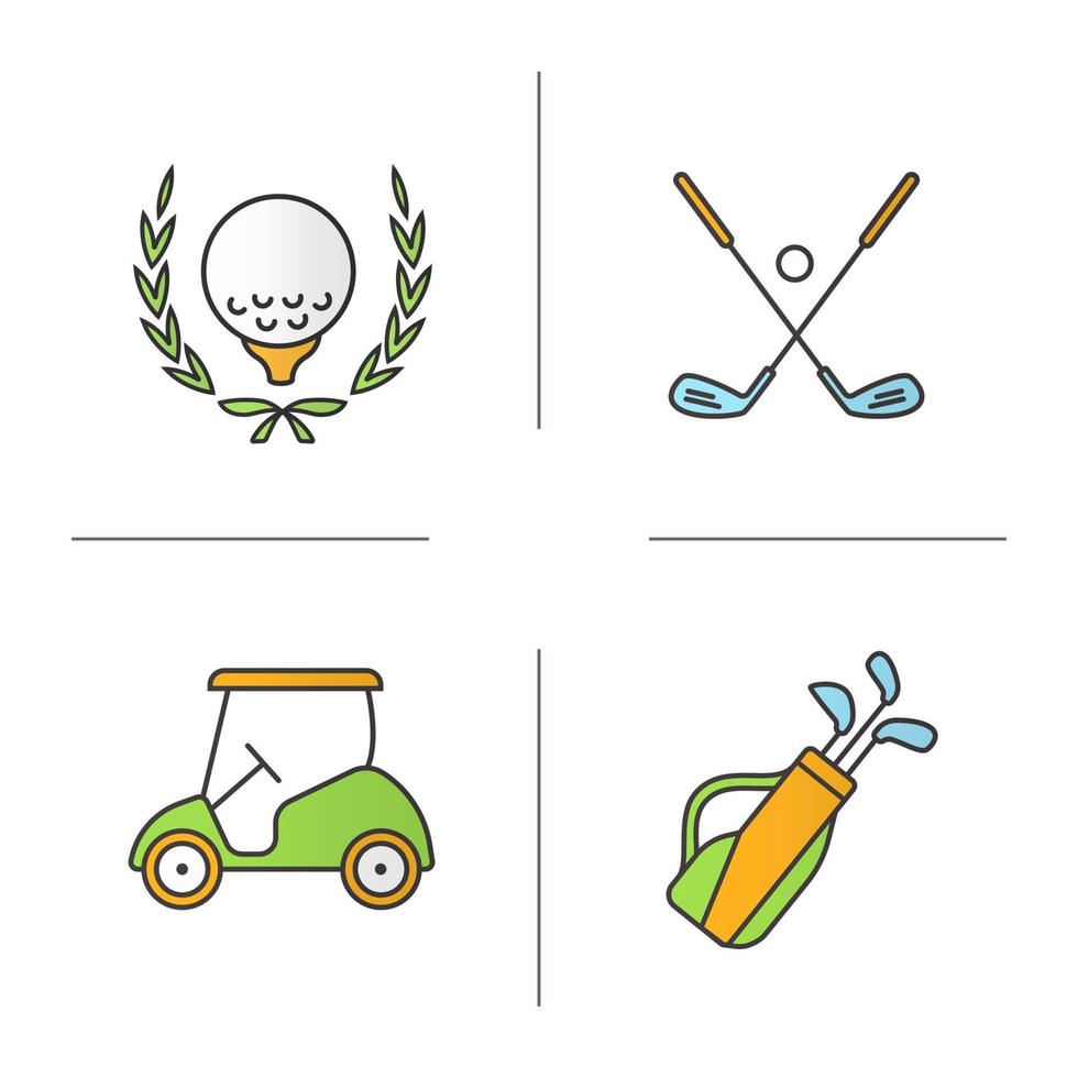 Ensemble d'icônes de couleur d'équipement de golf. boule en couronne de laurier, massues croisées, chariot et sac. illustrations vectorielles isolées vecteur
