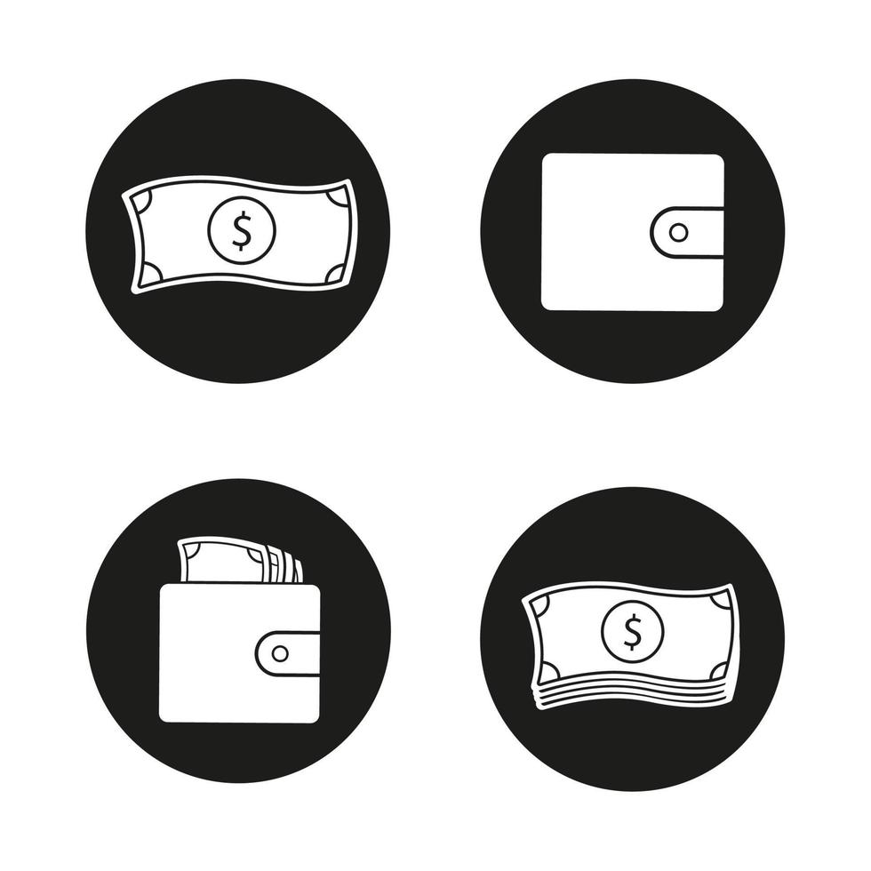 jeu d'icônes d'argent. espèces. Pile de billets d'un dollar, portefeuille en cuir rempli de billets de banque, un dollar américain. illustrations vectorielles de silhouettes blanches dans des cercles noirs vecteur