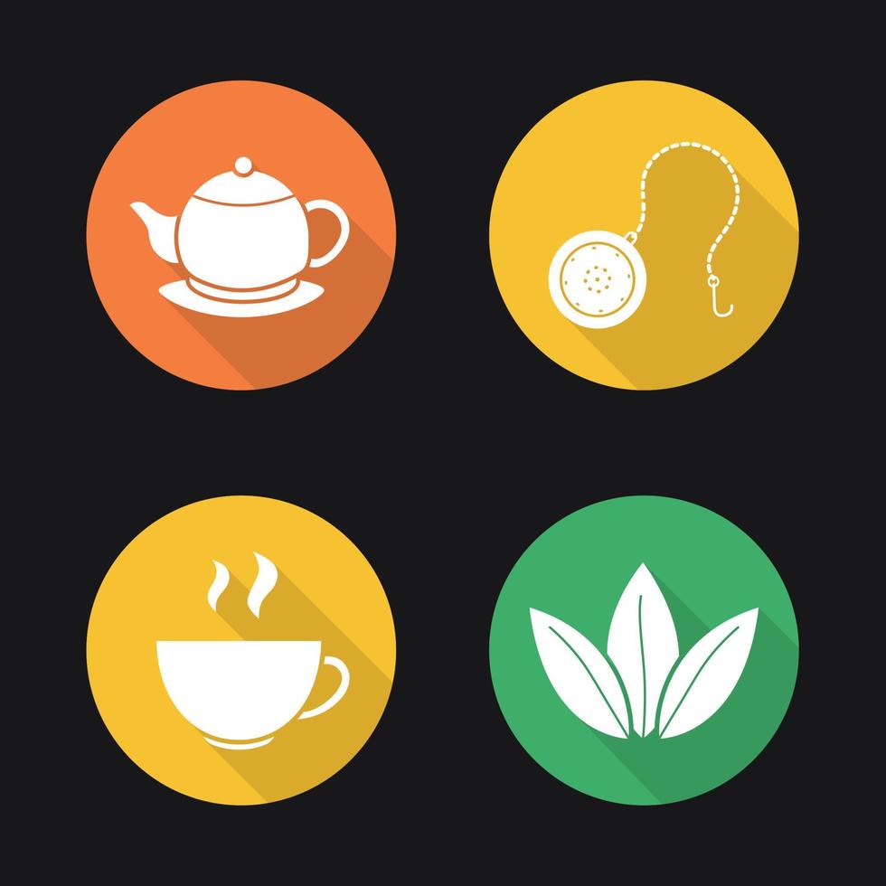 thé design plat grandissime icônes définies. tasse fumante, théière sur assiette, feuilles de thé en vrac et infuseur à billes. illustration vectorielle vecteur