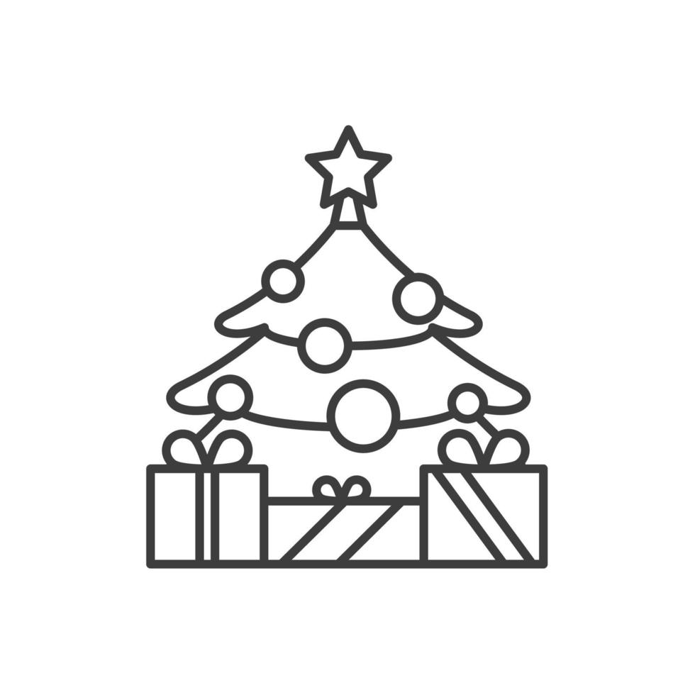 arbre du nouvel an avec icône linéaire étoile et cadeaux. illustration de la ligne mince. arbre de Noël décoré avec le symbole de contour de cadeaux. dessin de contour isolé de vecteur