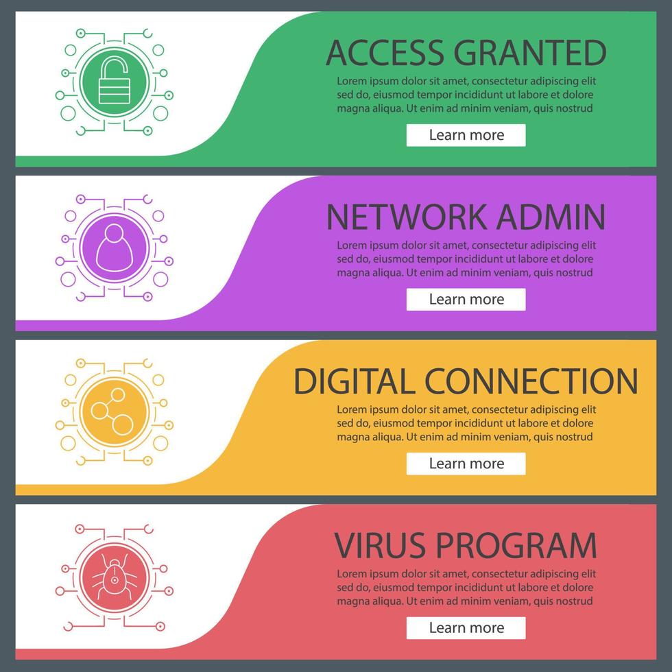 ensemble de modèles de bannière numérique. facile à modifier. cybertechnologie. serrure, administrateur réseau, connexion numérique, bogue de virus. éléments de menu du site Web. bannière web couleur. concepts de conception d'en-têtes de vecteur