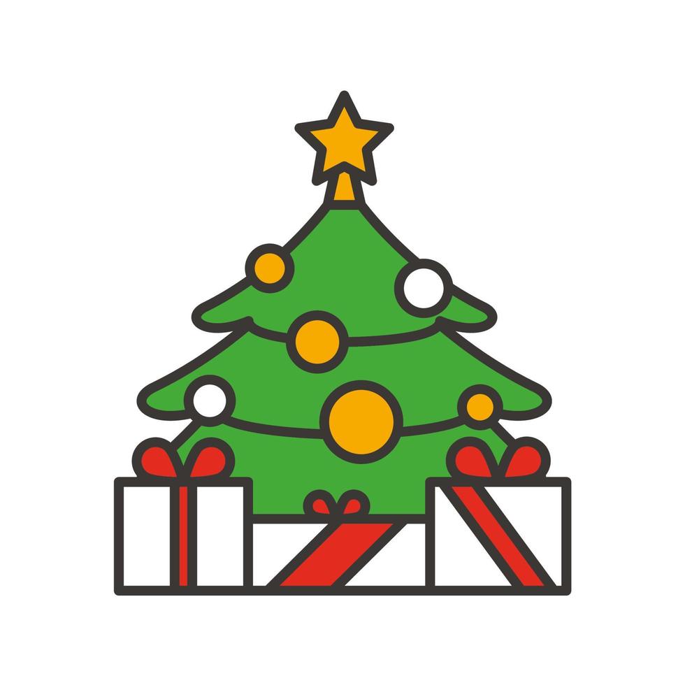 arbre du nouvel an avec icône de couleur étoile et cadeaux. arbre de noël décoré avec des cadeaux. illustration vectorielle isolée vecteur