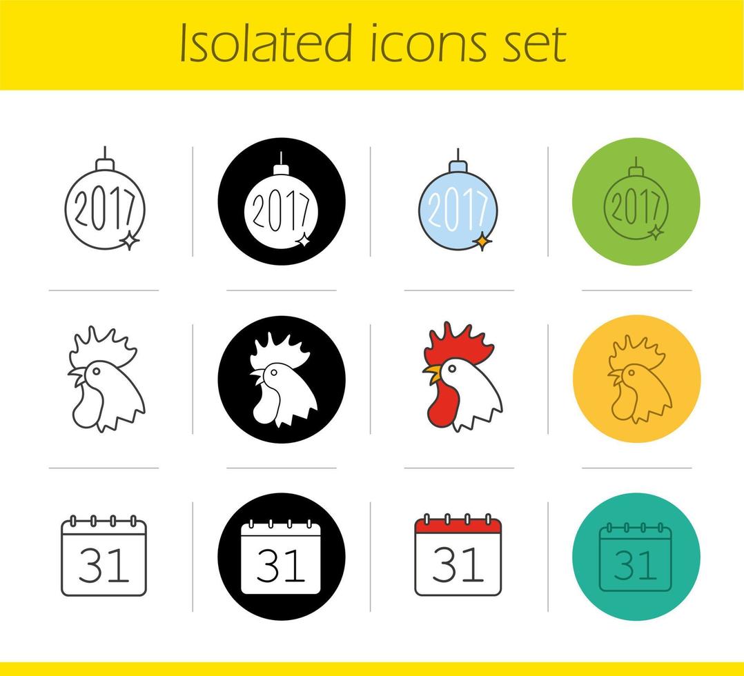 ensemble d'icônes de nouvel an. styles linéaire, noir et couleur. Boule de sapin de Noël 2017, coq, 31 décembre. illustrations vectorielles isolées vecteur