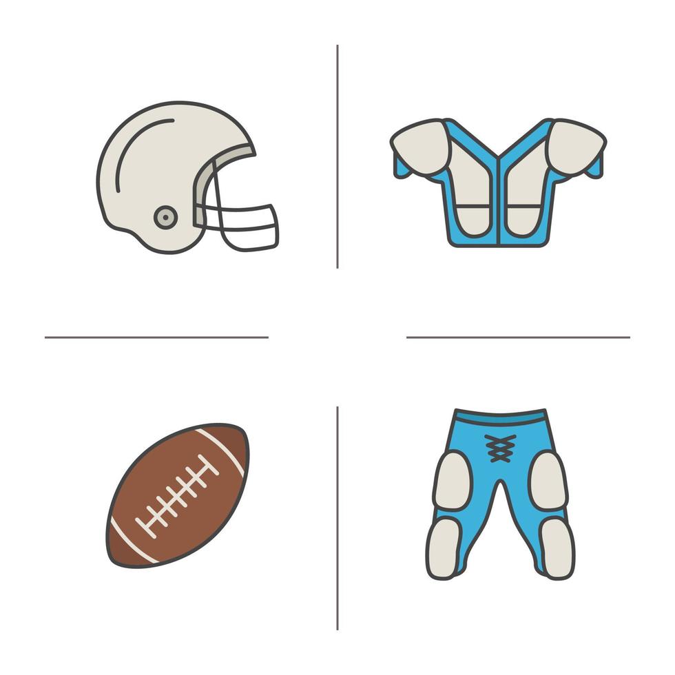 Jeu d'icônes de couleur d'équipement de football américain. casque, épaulette, ballon, short. illustrations vectorielles isolées vecteur