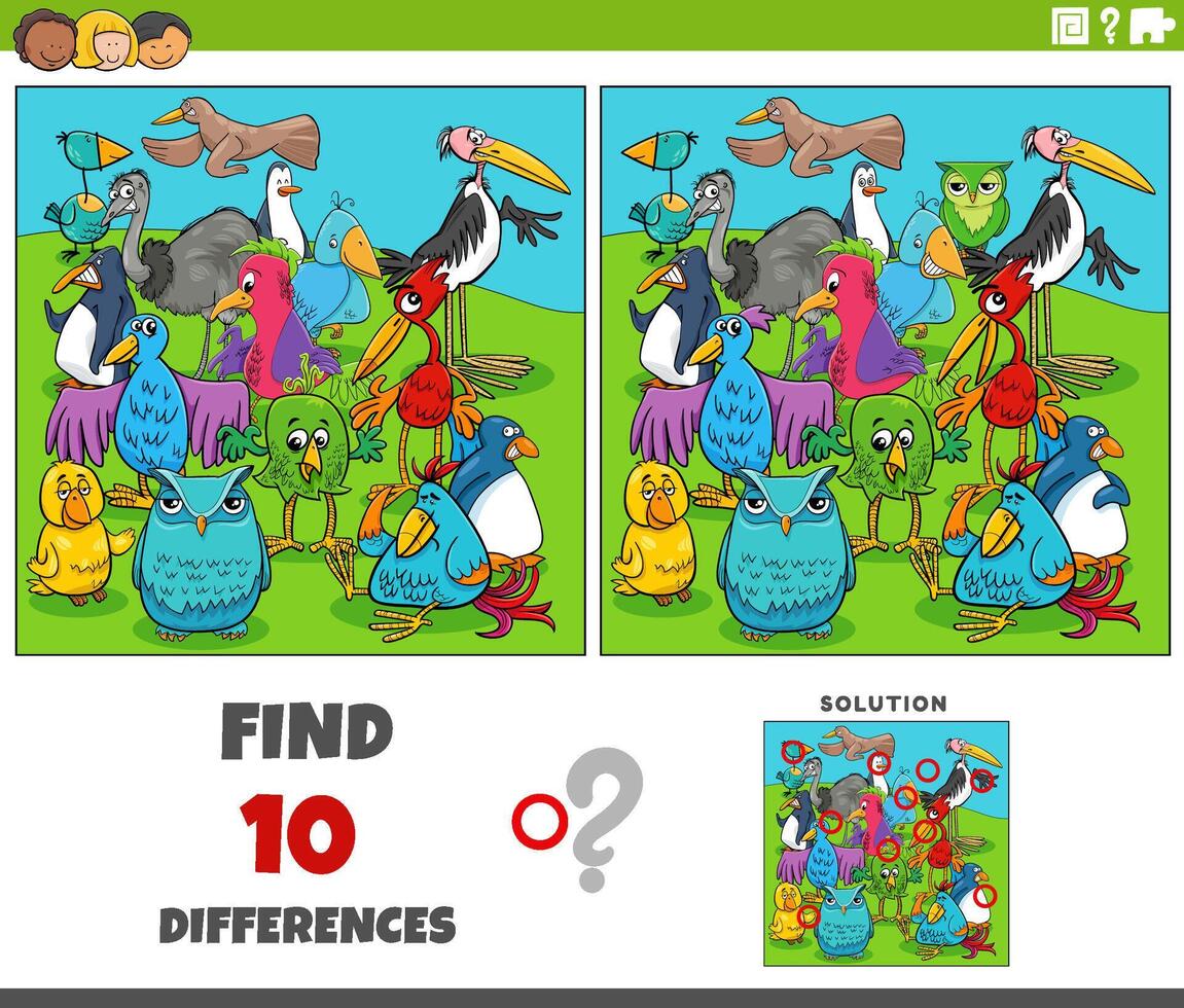 différences activité avec dessin animé des oiseaux personnages groupe vecteur