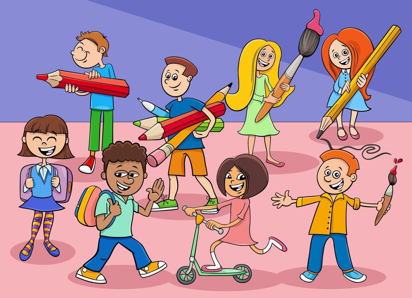 groupe d'élèves du primaire de dessin animé heureux vecteur