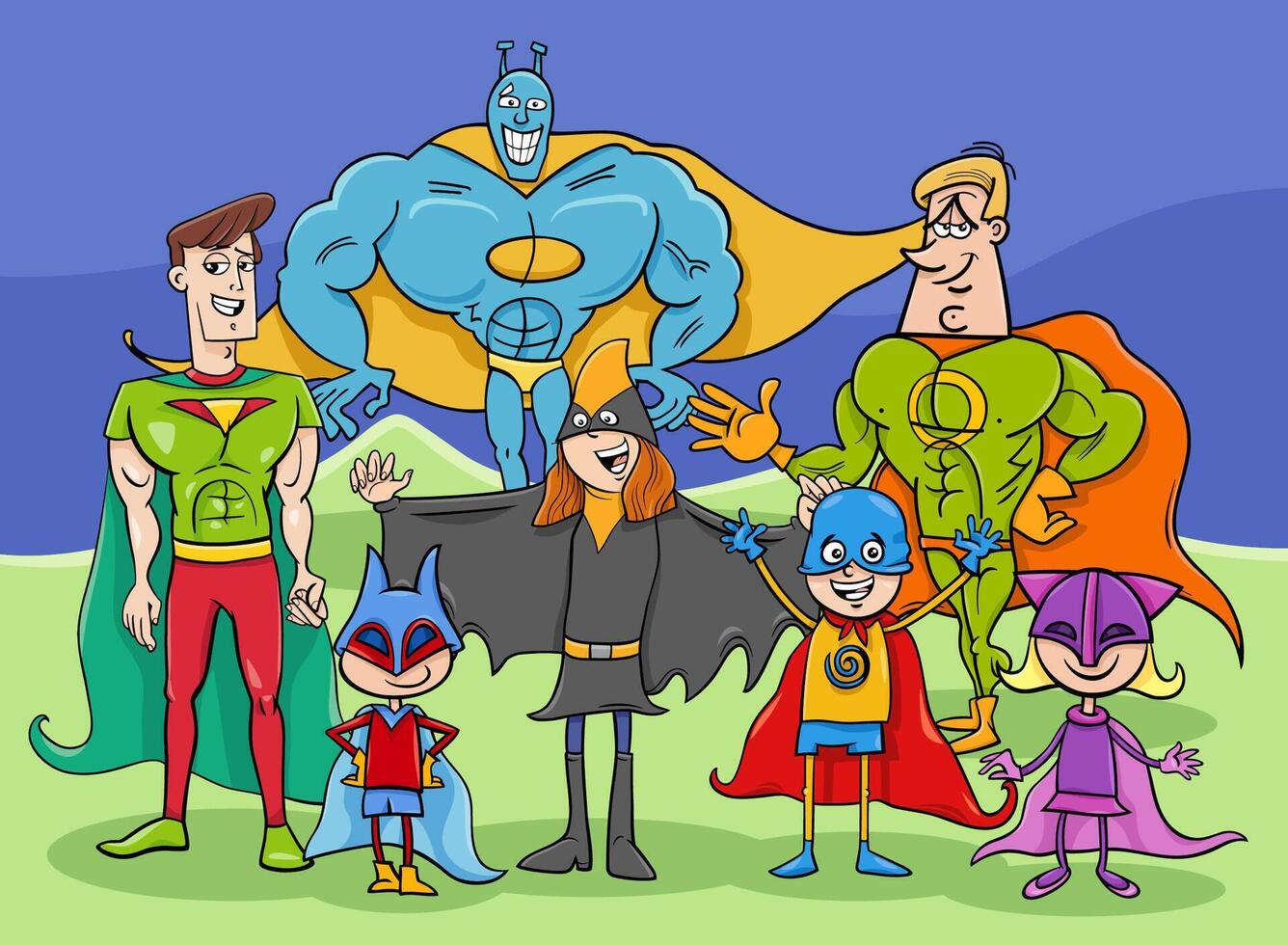 dessin animé héros et super héros fantaisie personnages groupe vecteur
