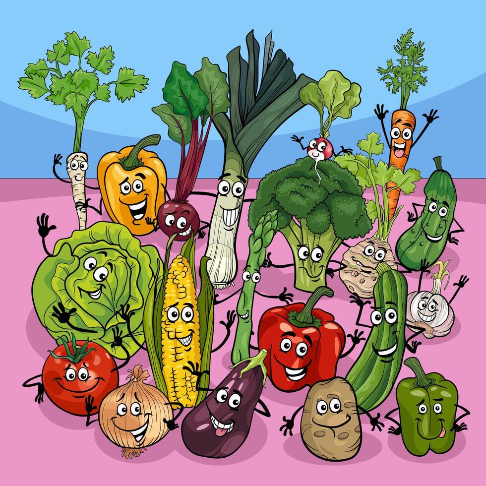 content dessin animé Frais des légumes personnages groupe vecteur