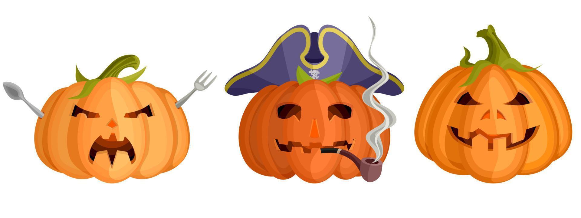 trois masques de citrouille d'halloween lumineux plats vecteur