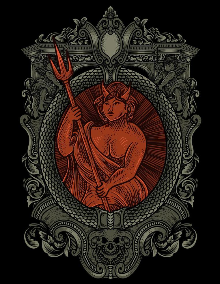 diable luchifer illustration sur le cadre d'ornement de gravure vintage vecteur