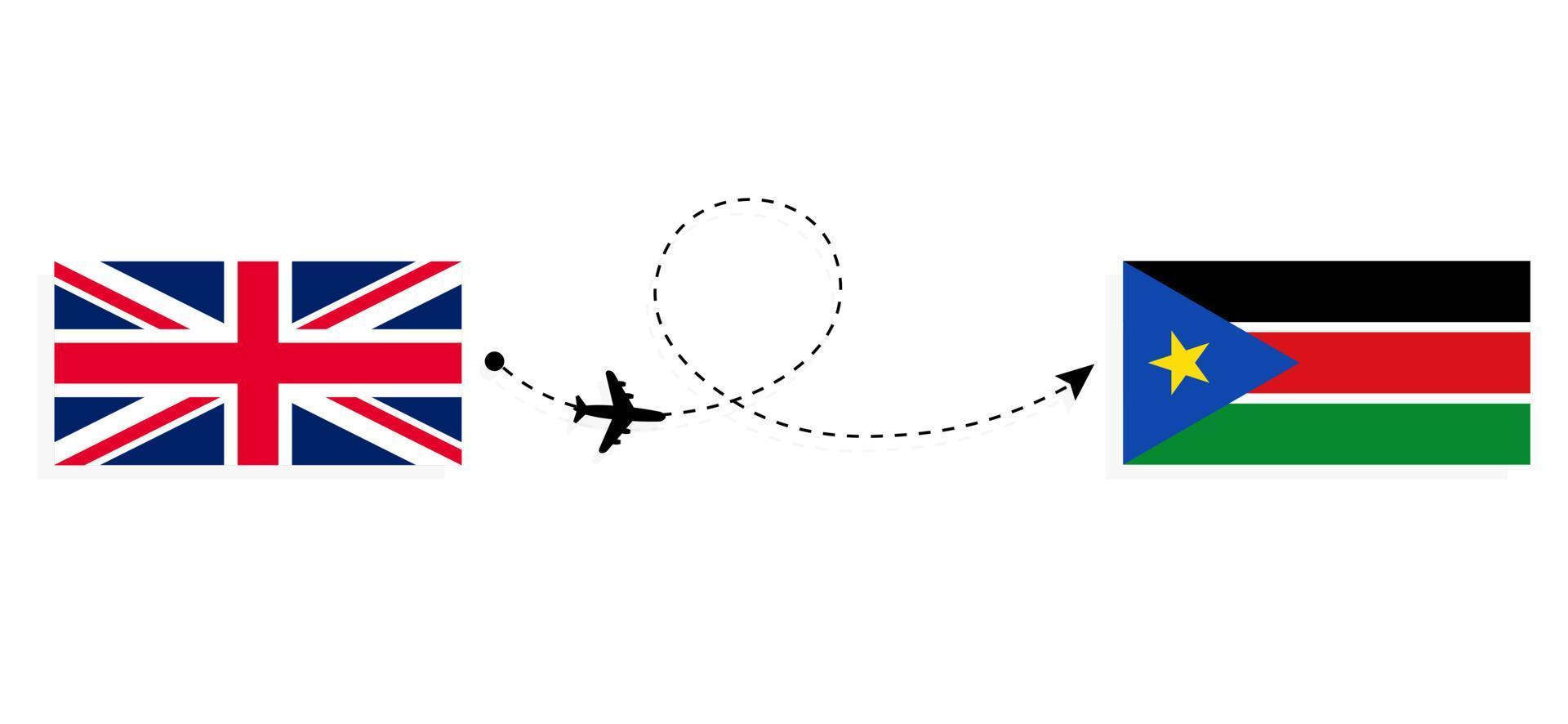 vol et voyage du royaume-uni de grande-bretagne au soudan du sud par concept de voyage en avion de passagers vecteur