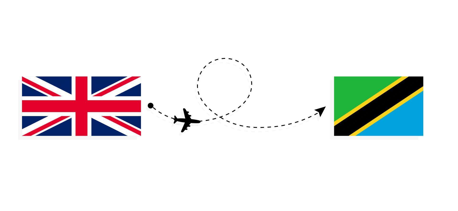 vol et voyage du royaume-uni de grande-bretagne à la tanzanie par concept de voyage en avion de passagers vecteur