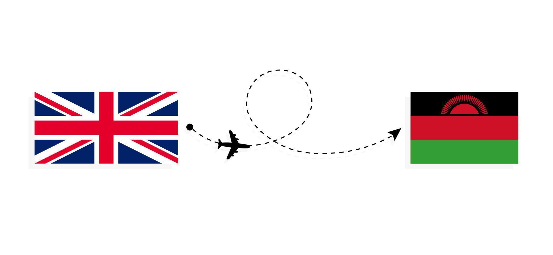 vol et voyage du royaume-uni de grande-bretagne au malawi par concept de voyage en avion de passagers vecteur