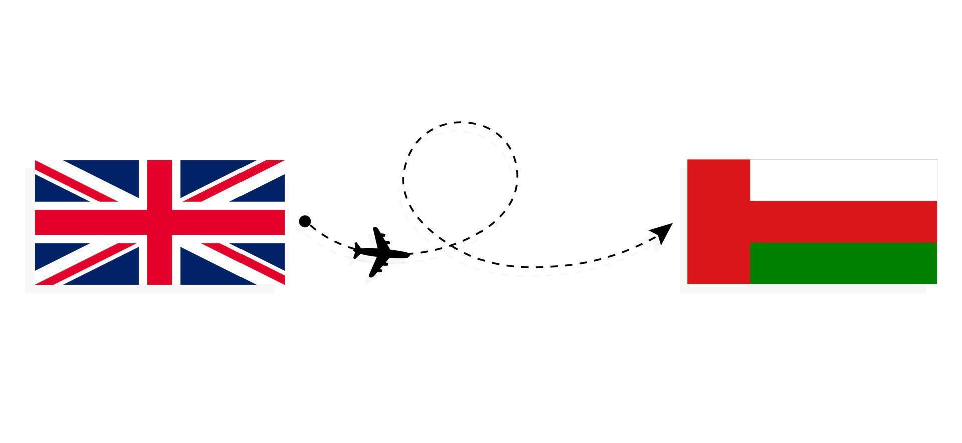 vol et voyage du royaume-uni de grande-bretagne à oman par concept de voyage en avion de passagers vecteur