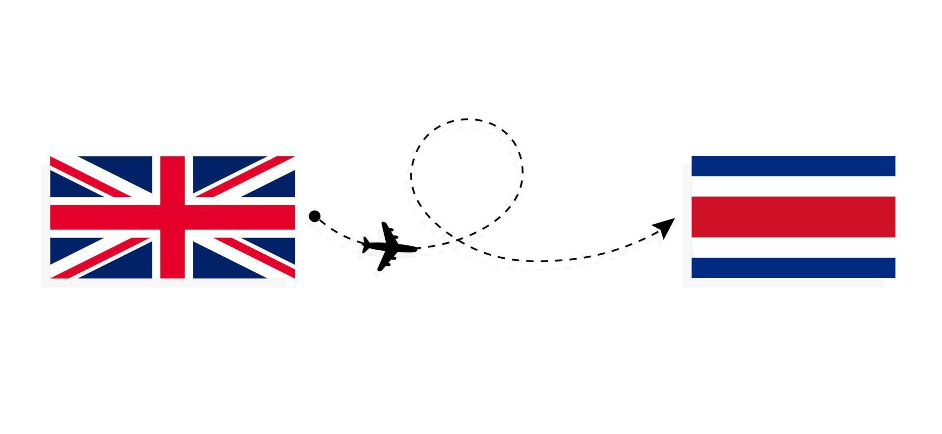 vol et voyage du royaume-uni de grande-bretagne au costa rica par concept de voyage en avion de passagers vecteur