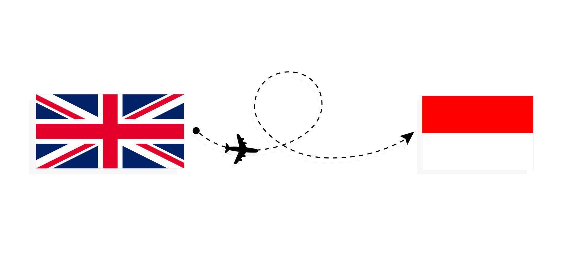 vol et voyage du royaume-uni de grande-bretagne à l'indonésie par concept de voyage en avion de passagers vecteur