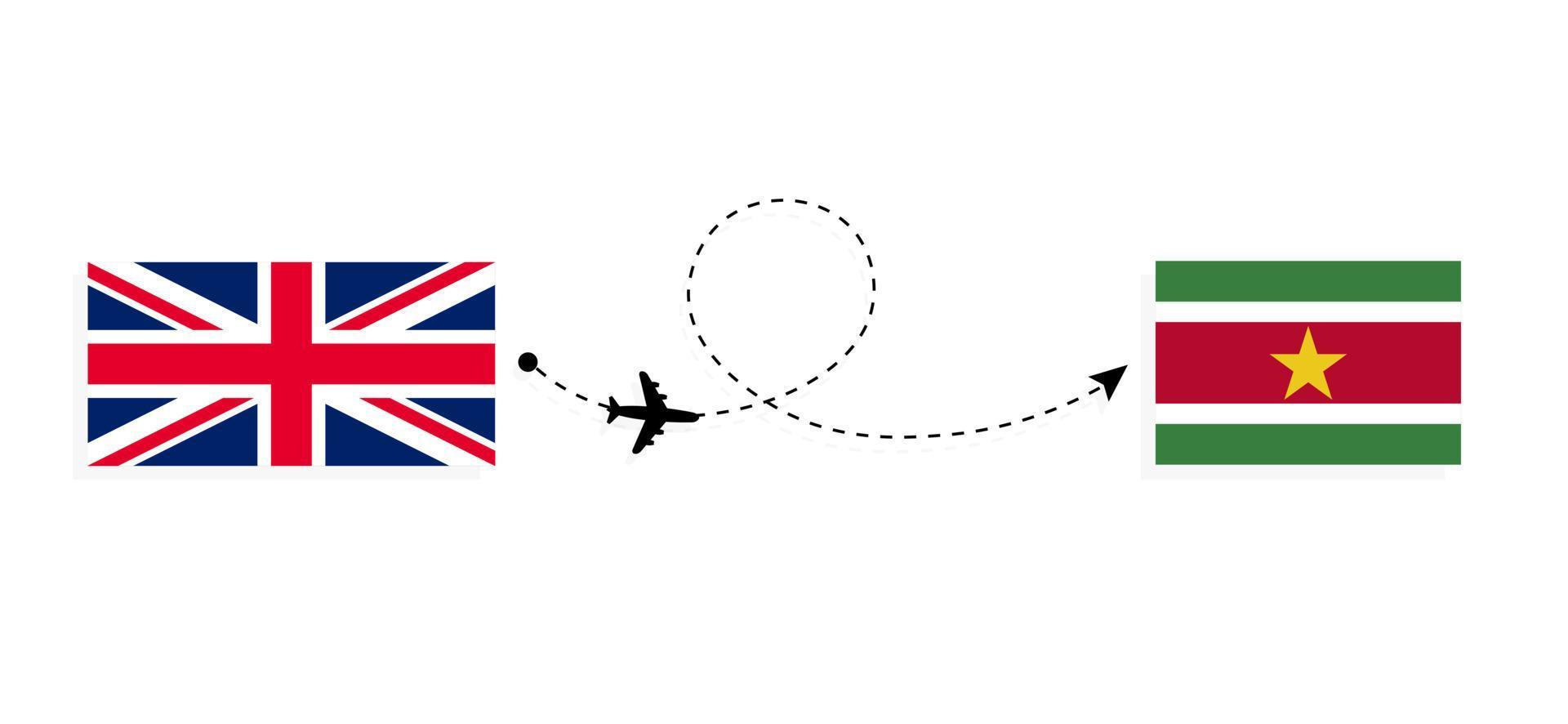 vol et voyage du royaume-uni de grande-bretagne au suriname par concept de voyage en avion de passagers vecteur