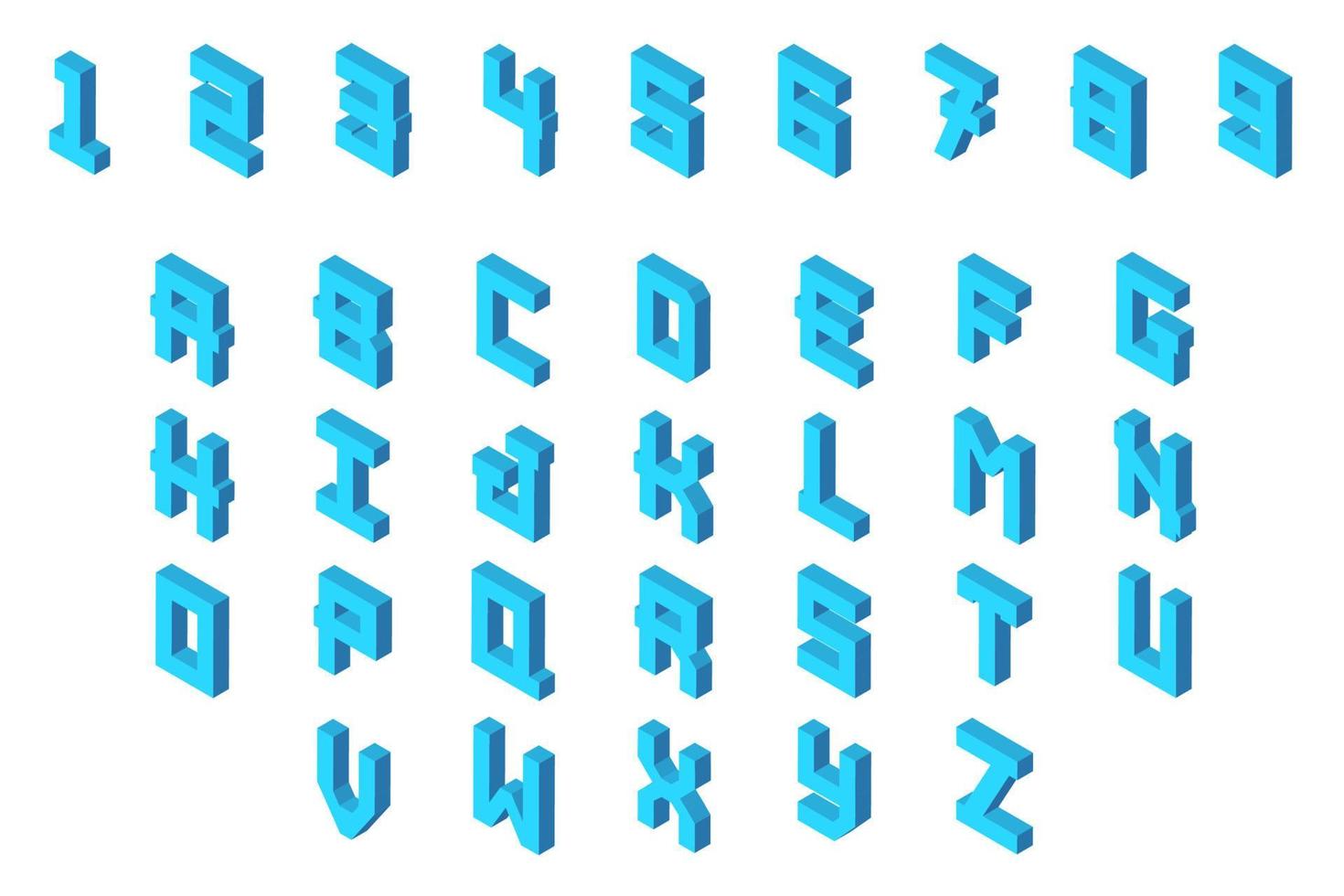 lettres de rendu 3D. caractères de l'alphabet isométrique et nombres de couleur bleue, isolés sur fond blanc. isométrie majuscule abs et chiffres. vecteur