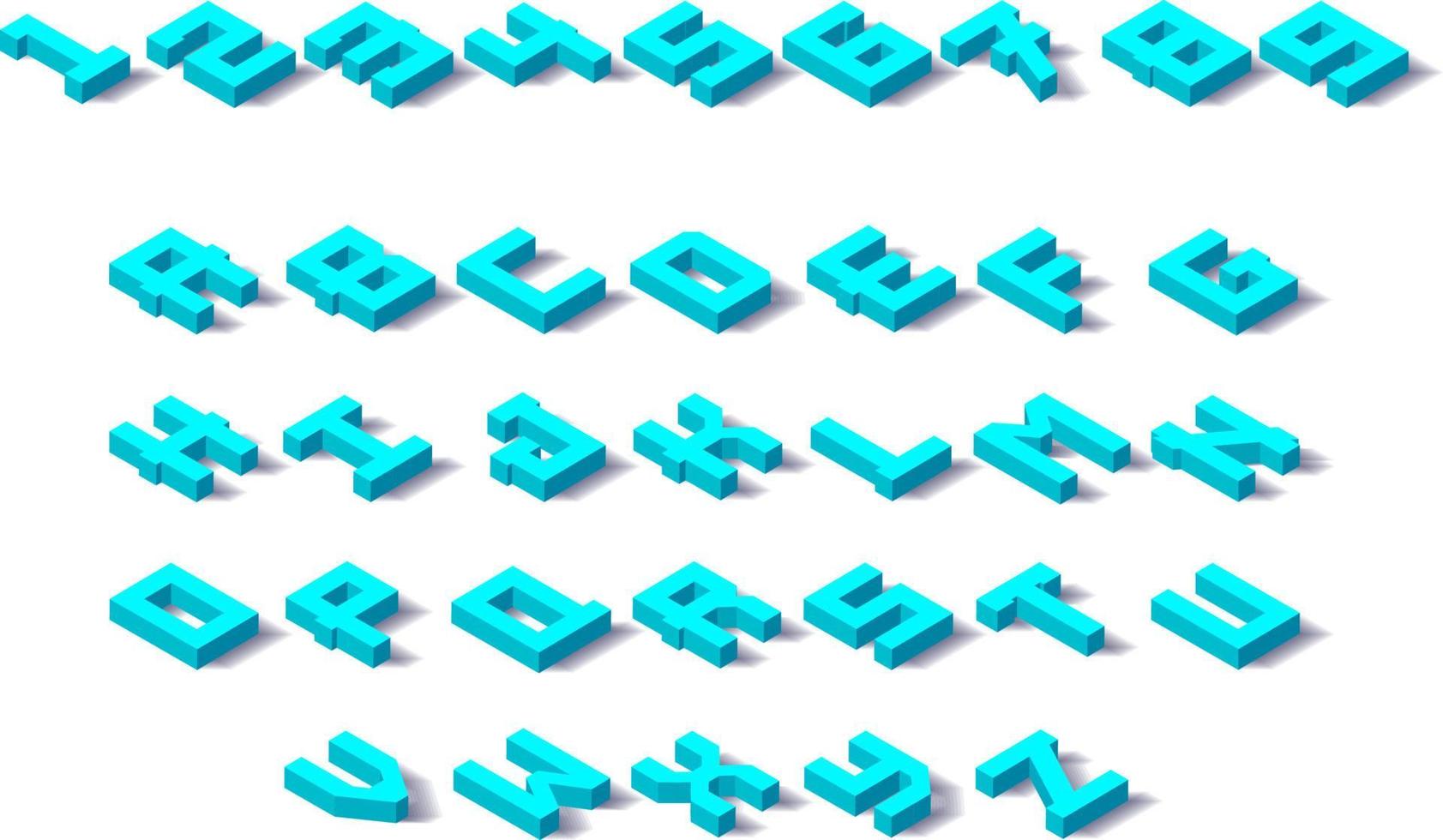 Lettres de rendu 3D, caractères isométriques de couleur bleue avec ombre isolée sur fond blanc. caractères de l'alphabet isométrie abs illustration futuriste moderne. vecteur