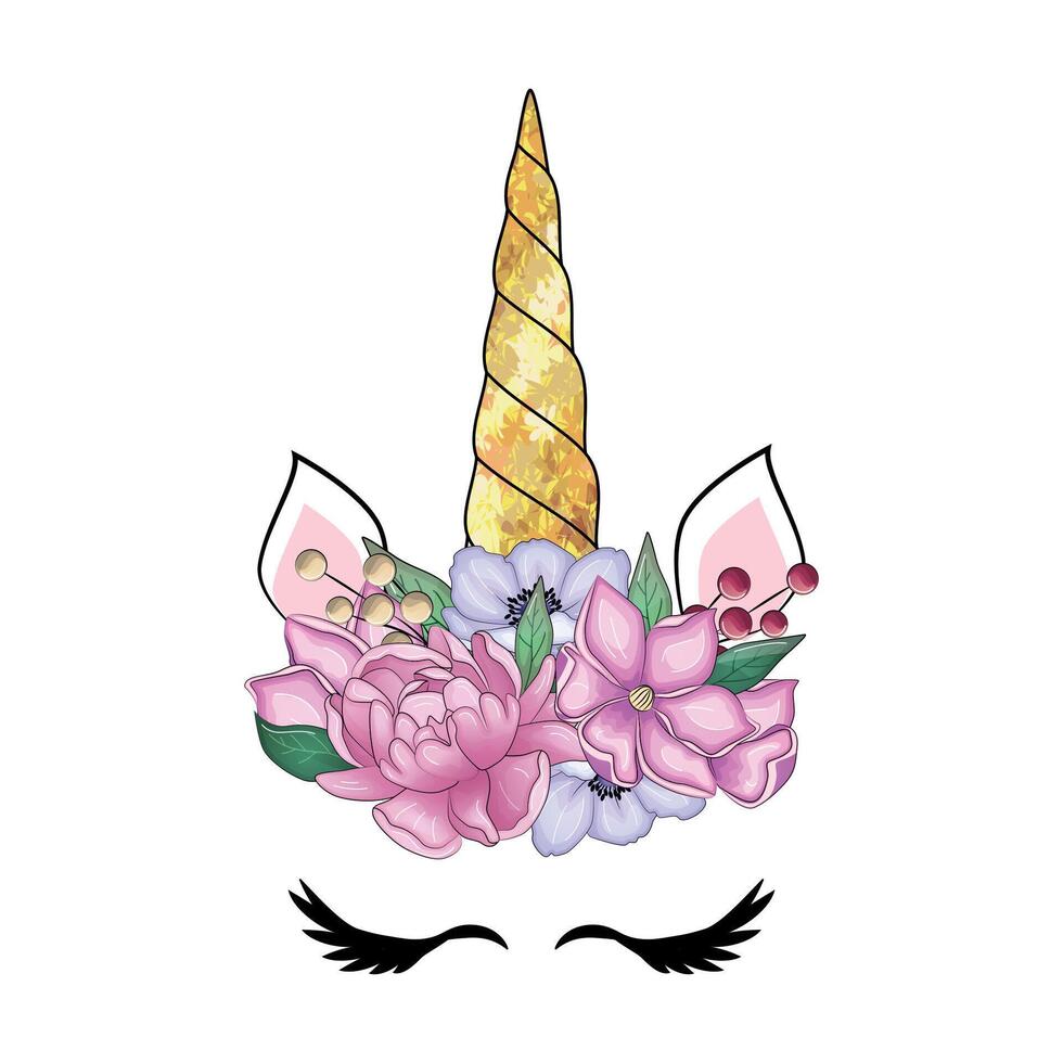 mignonne Licorne avec floral couronne et or briller corne. main tiré illustration vecteur