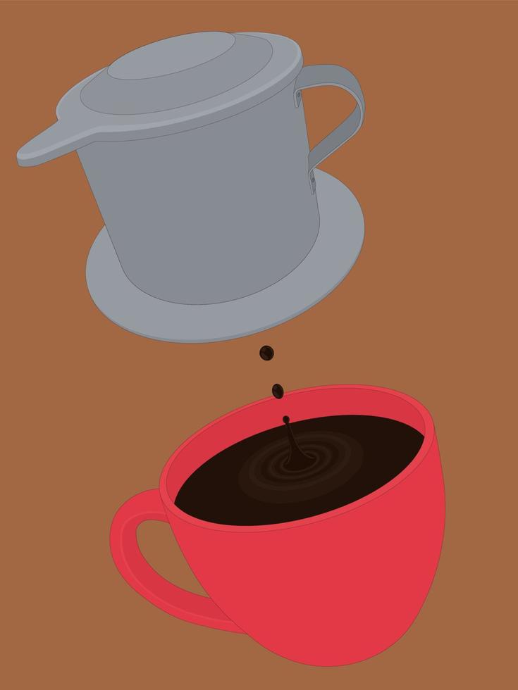 Café noir phin vietnamien dans une tasse rouge avec des gouttes et illustration vectorielle splash vecteur