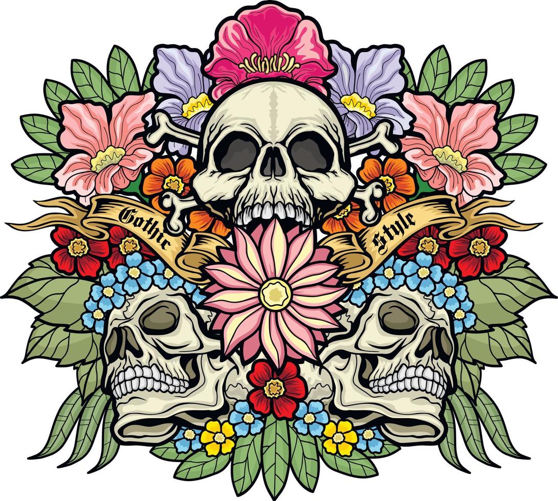 signe gothique avec crâne et fleurs, t-shirts design vintage grunge vecteur