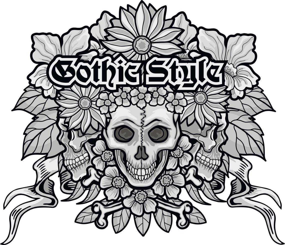 signe gothique avec crâne et fleurs, t-shirts design vintage grunge vecteur