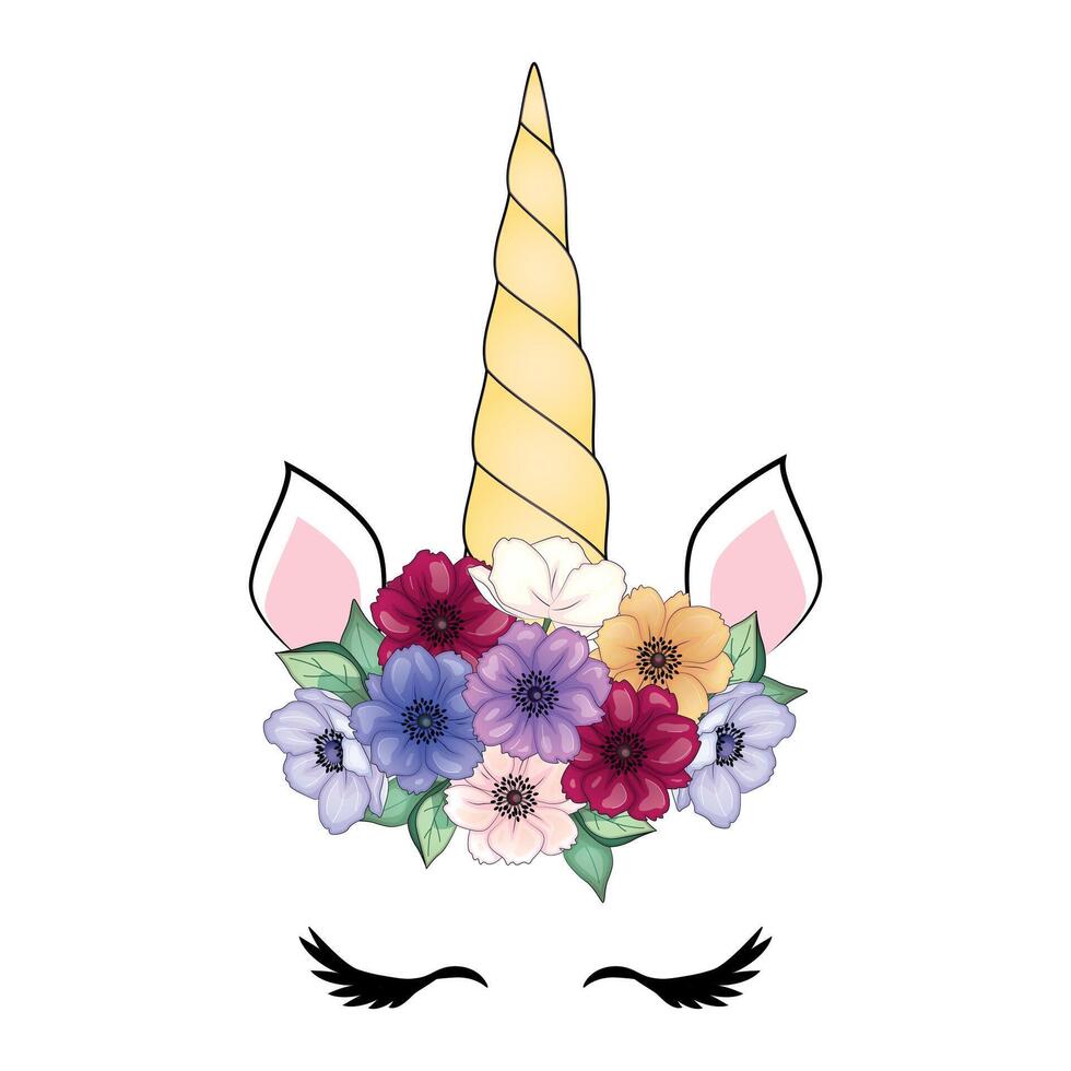 mignonne Licorne avec floral couronne et or briller corne. main tiré illustration vecteur