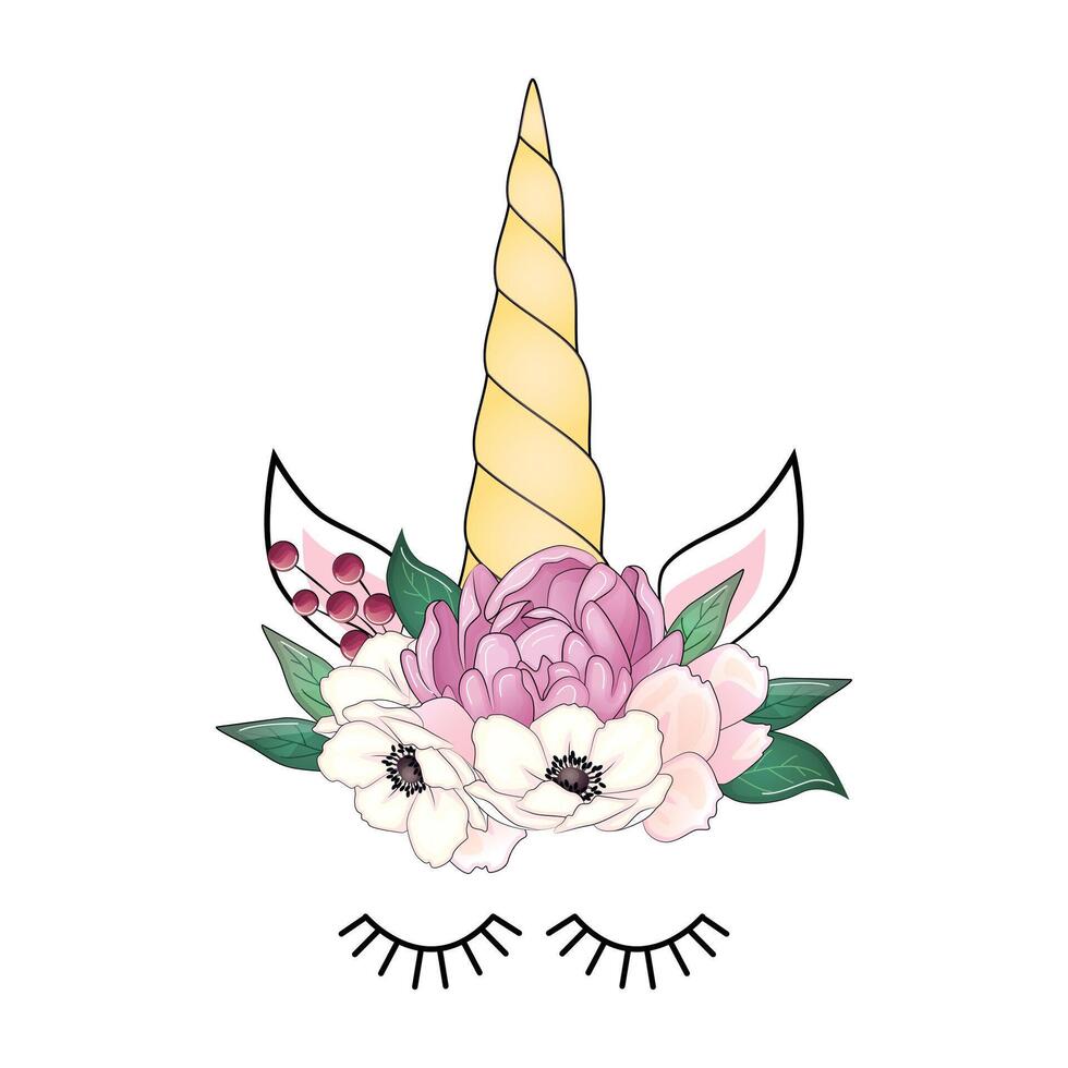 mignonne Licorne avec floral couronne et or briller corne. main tiré illustration vecteur