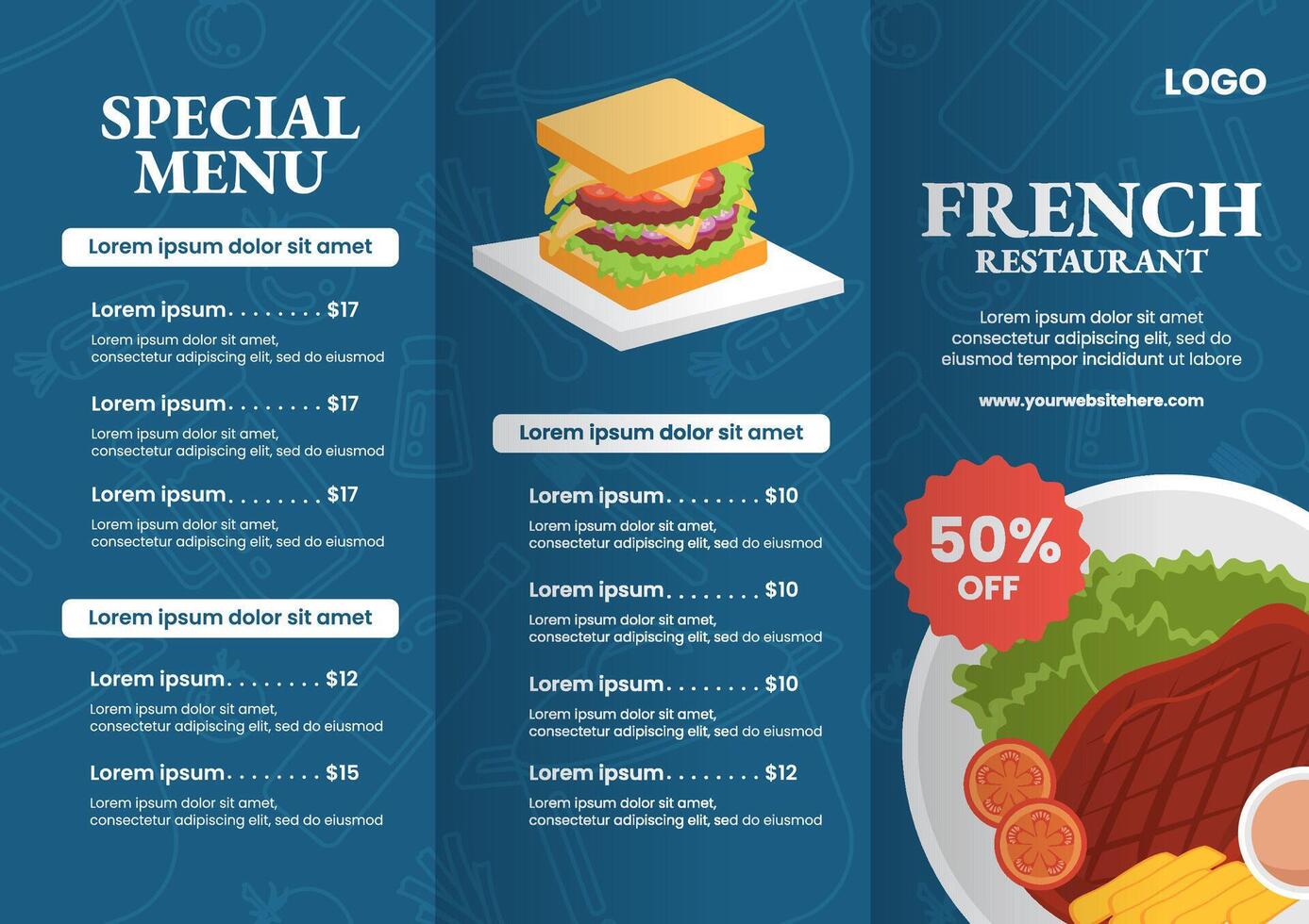 français restaurant brochure plat dessin animé main tiré modèles Contexte illustration vecteur