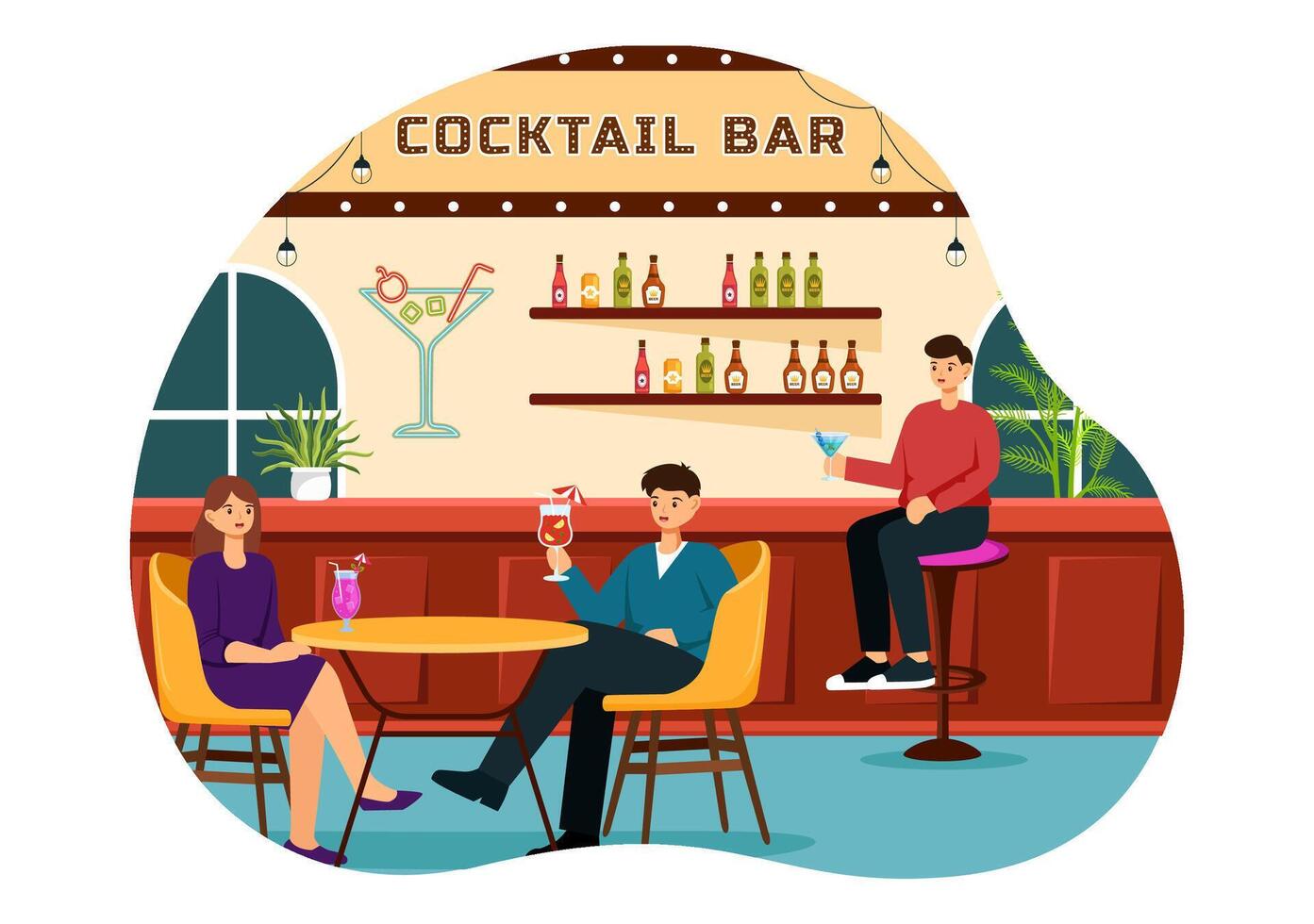 cocktail bar ou boîte de nuit illustration de copains pendaison en dehors avec alcoolique fruit jus les boissons ou des cocktails dans plat dessin animé Contexte vecteur