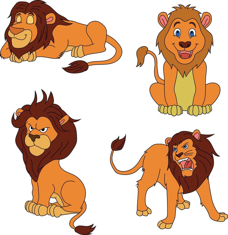 Lion clipart ensemble. dessin animé sauvage animaux clipart ensemble pour les amoureux de faune vecteur