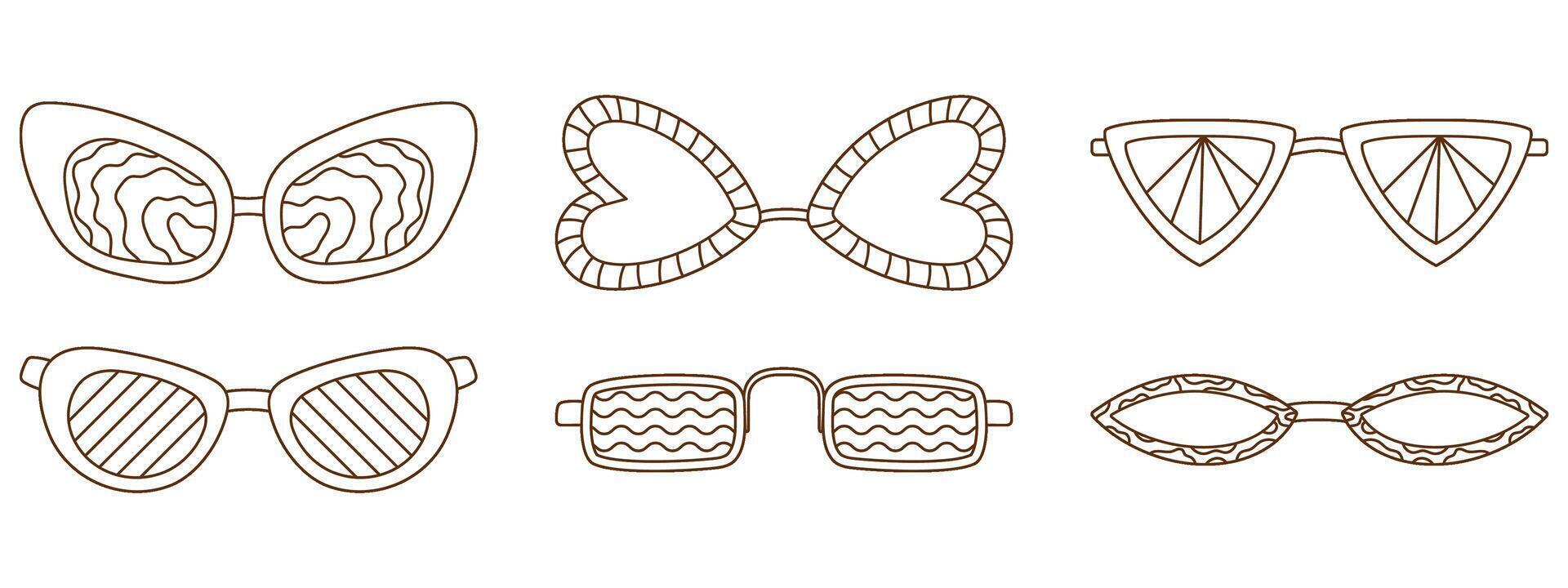 rétro sensationnel des lunettes de soleil collection avec différent motifs noir et blanc contour style. années 1970 vibe ensemble vecteur