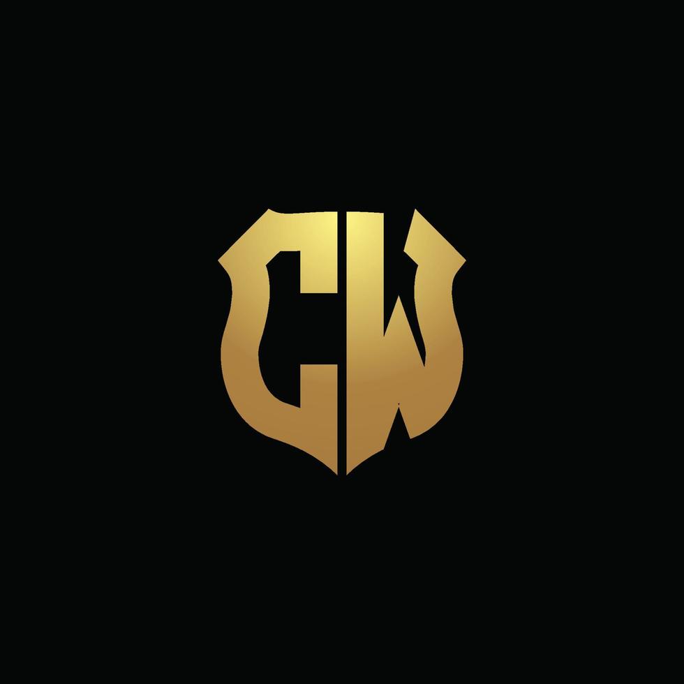 monogramme du logo cw avec des couleurs dorées et un modèle de conception de forme de bouclier vecteur