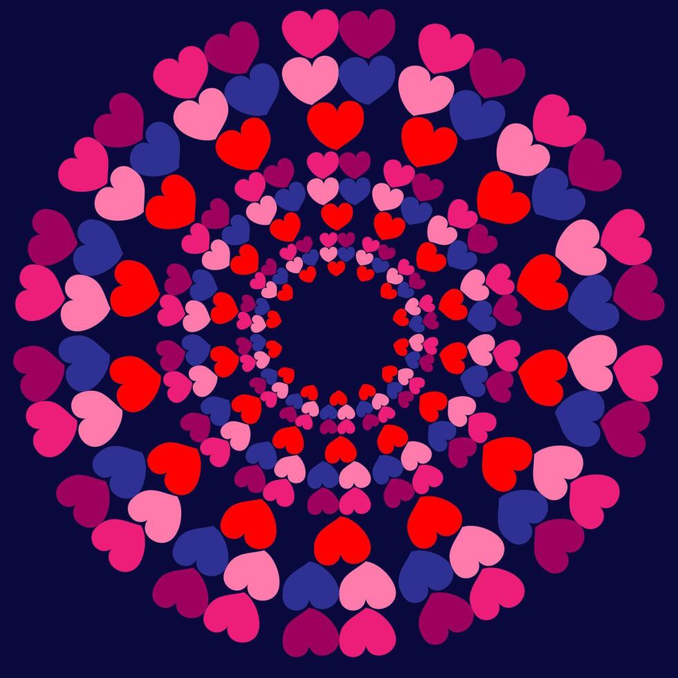 abstrait modèle dans le forme de rose et rouge cœurs arrangé dans une cercle sur une bleu Contexte vecteur