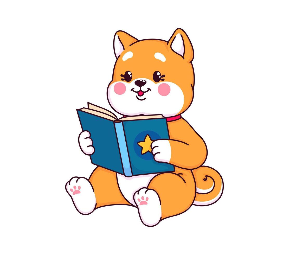 Japonais kawaii shiba inu chien en train de lire le livre vecteur