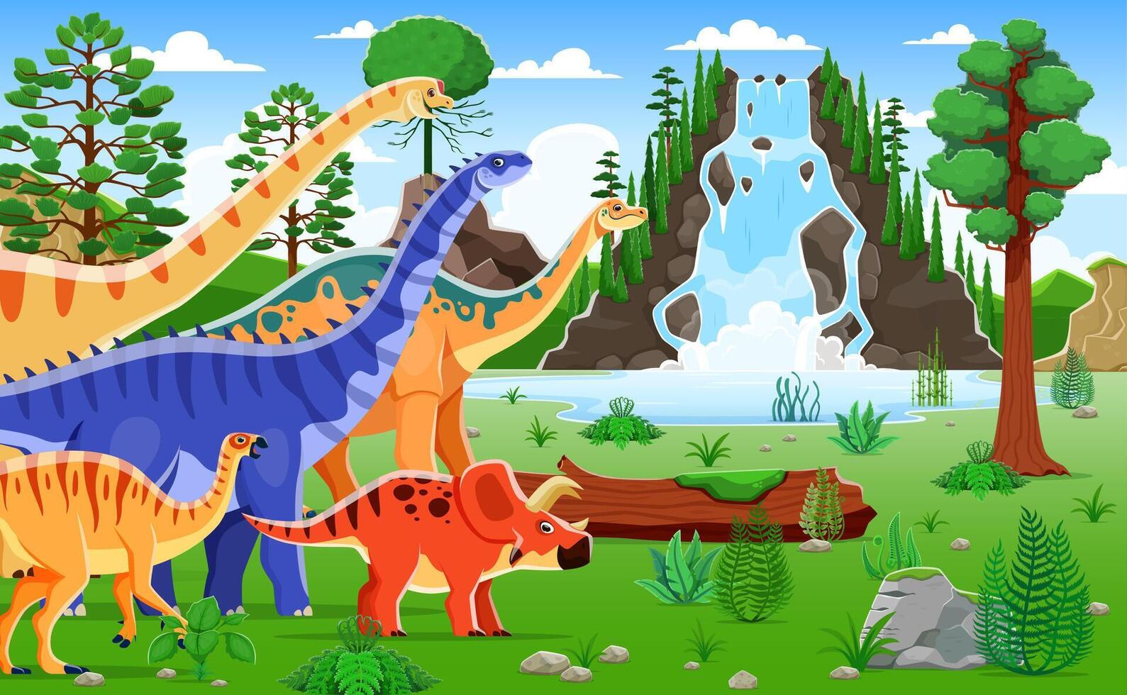 dessin animé dinosaures à vibrant préhistorique paysage vecteur