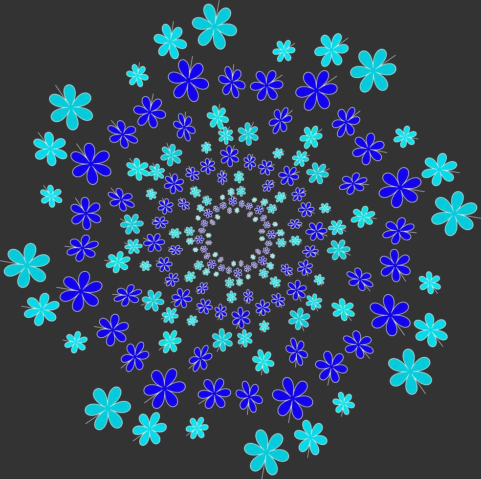 abstrait floral modèle dans le forme de bleu fleurs arrangé dans une cercle sur une noir Contexte vecteur