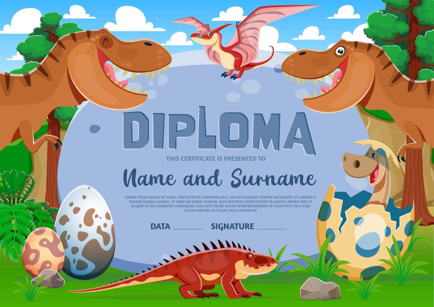 des gamins diplôme avec marrant t-rex et bébé dinosaure vecteur