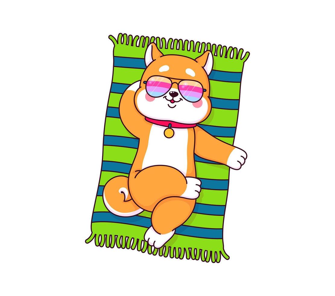 dessin animé shiba inu chien bain de soleil sur le plage vecteur