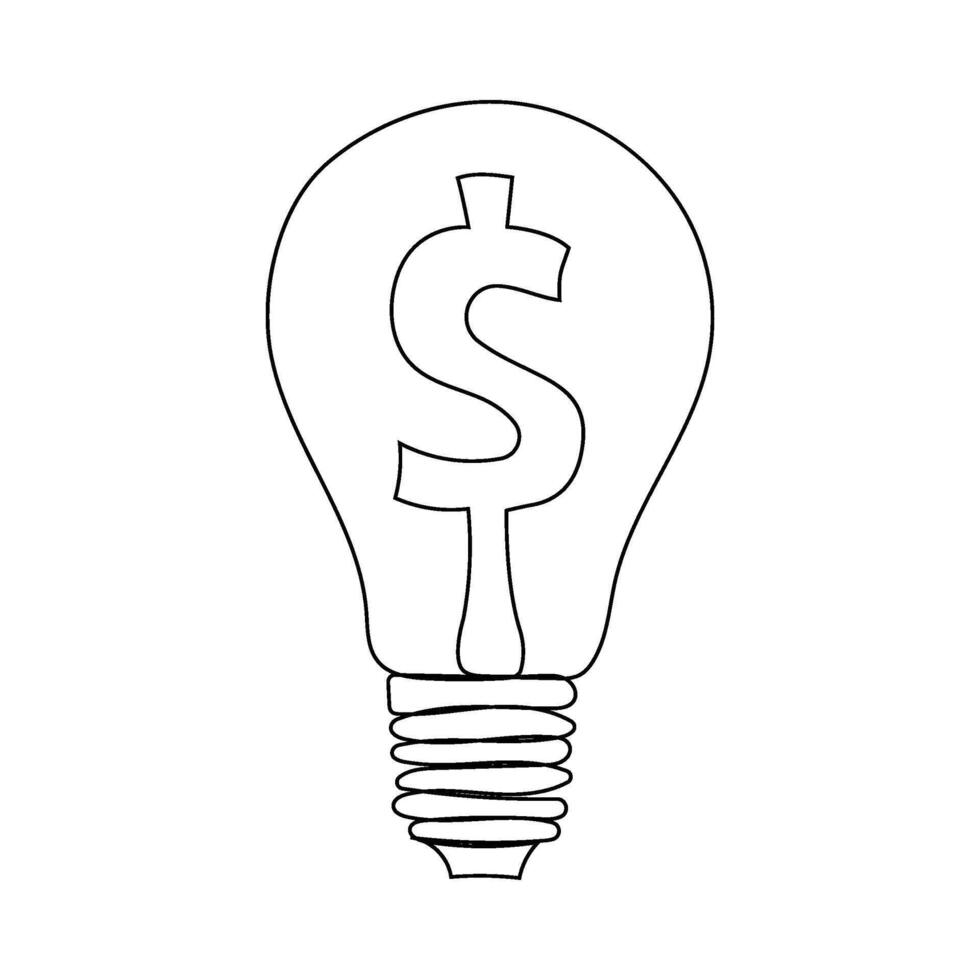 embrasé lumière ampoule avec dollar signe et des rayons, ligne art style, un doubler. concept de idée, profit, revenu, Commerce, ventes. main dessin vecteur